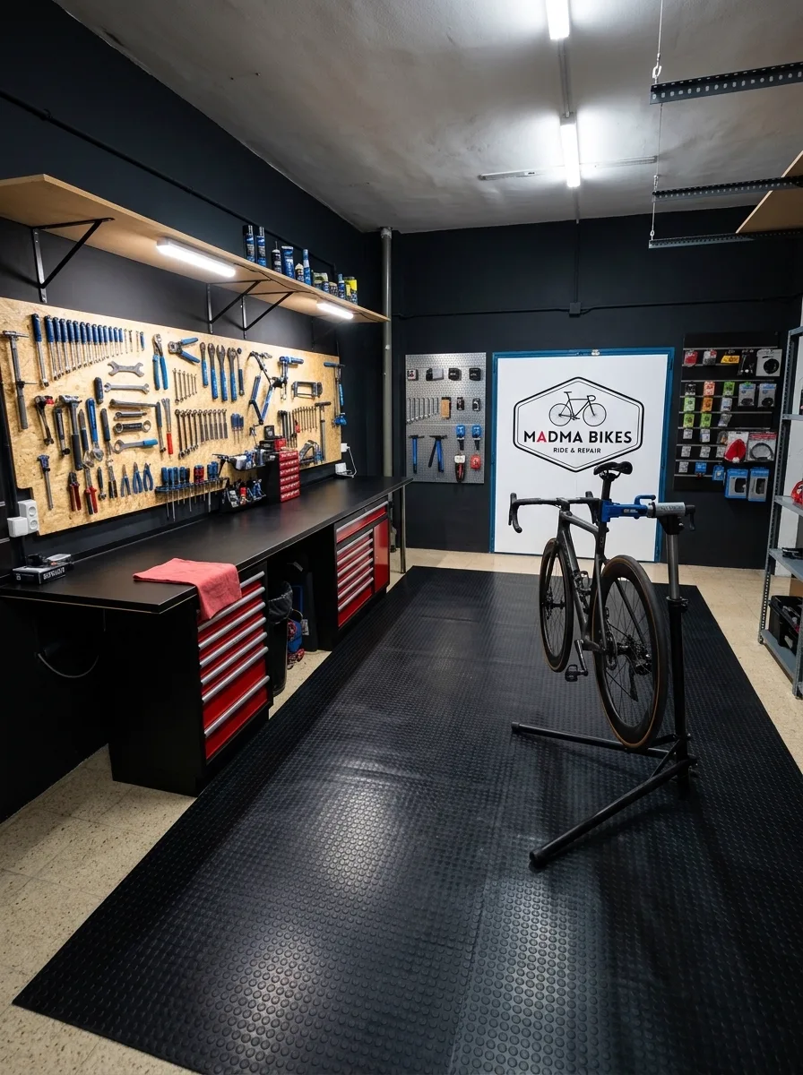 Zona de trabajo del taller de Madma Bikes en Tudela